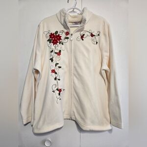 Holiday Editions Women's Cream Zip-Up Fleece Jacket with Red Floral Embroidery